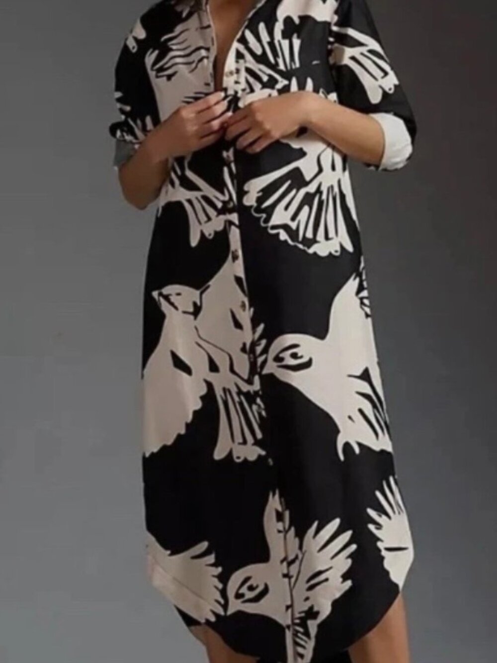 Anthropologie Maeve Women Bird Print Soren Midi Shirt Dress, Black White, Size S - Picture 1 of 8